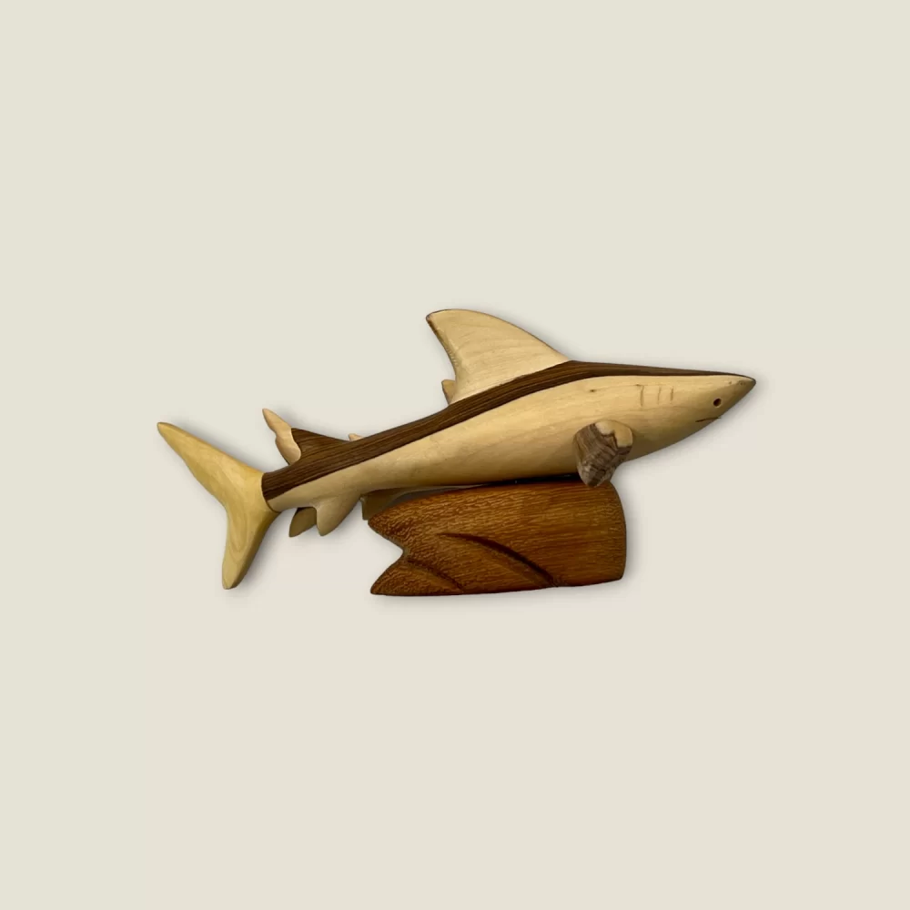 Hand-Carved Wooden Shark Mother and Calf Sculpture