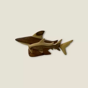 Hand-Carved Wooden Shark Mother and Calf Sculpture