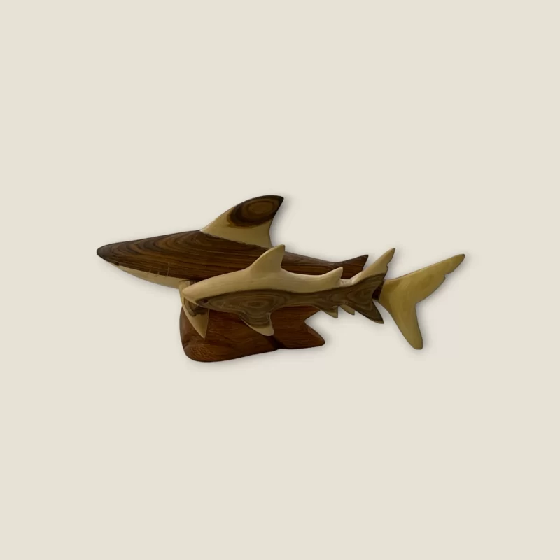 Hand-Carved Wooden Shark Mother and Calf Sculpture