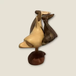 Hand-Carved Wooden Dolphin Mother and Calf Sculpture